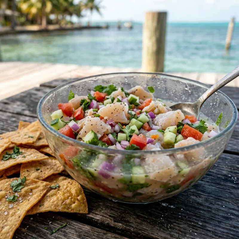A bowl of authentic Belizean conch ceviche served with crispy tortilla chips on a wooden pier table overlooking the turquoise ocean