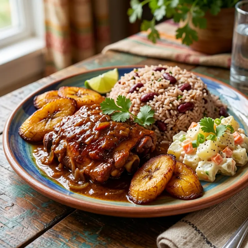 Authentic Belizean stew chicken served with coconut rice and beans, sweet plantains, and potato salad