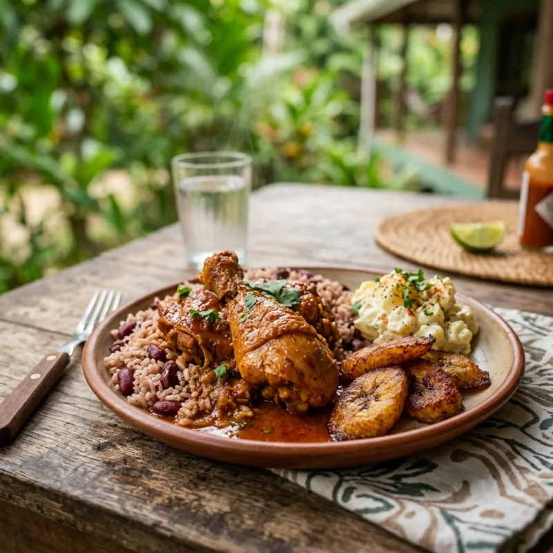 Authentic plate of Belizean stew chicken with coconut rice and beans, sweet fried plantains, and potato salad