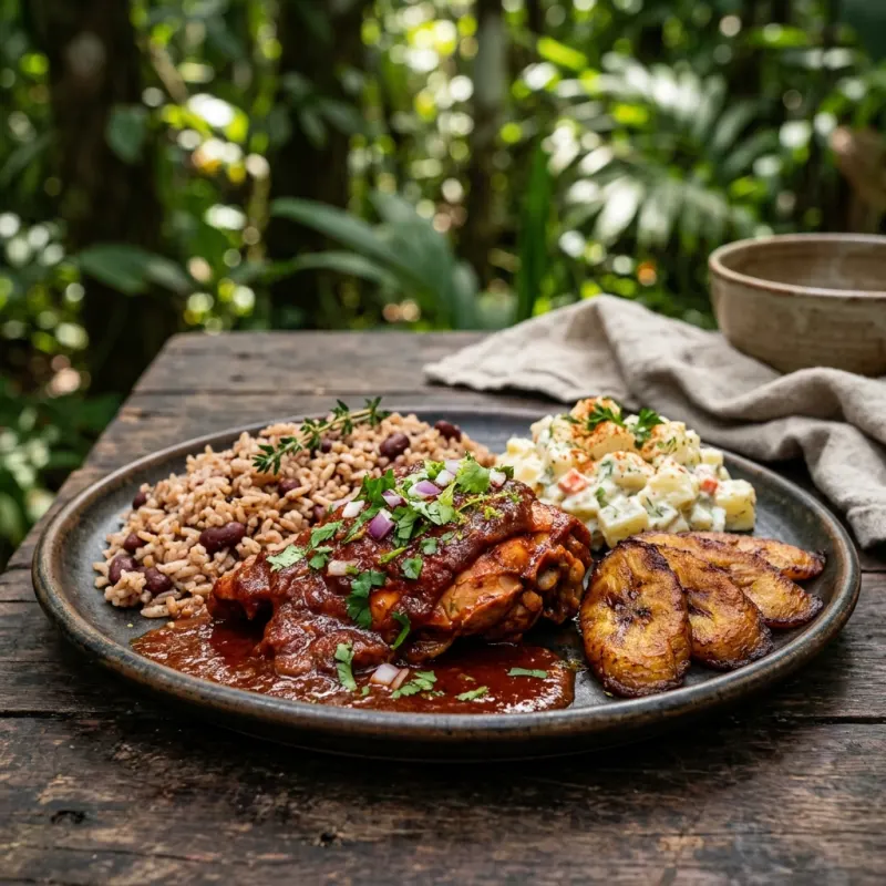 Belizean stewed chicken served with rice and beans and fried plantains