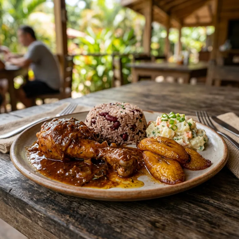 Plate of authentic Belizean stewed chicken with rice and beans and fried plantains