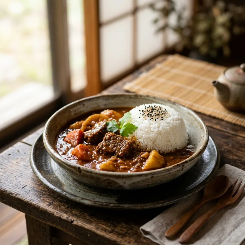Bowl of rich red Japanese Bengara Curry with rice in a traditional teahouse in Takahashi