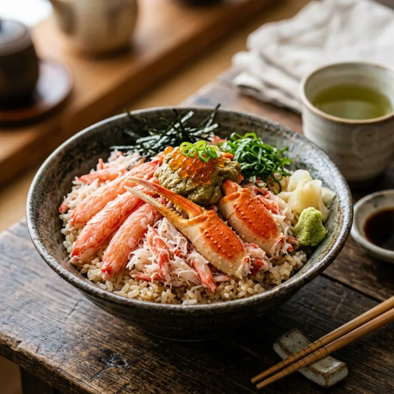 Fresh Japanese red snow crab rice bowl topped with kani miso and salmon roe in Sakaiminato