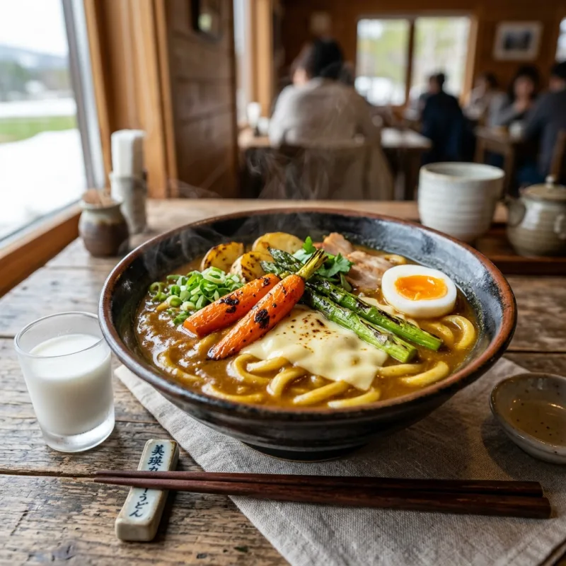 Biei Curry Udon with fresh vegetables and Hokkaido milk