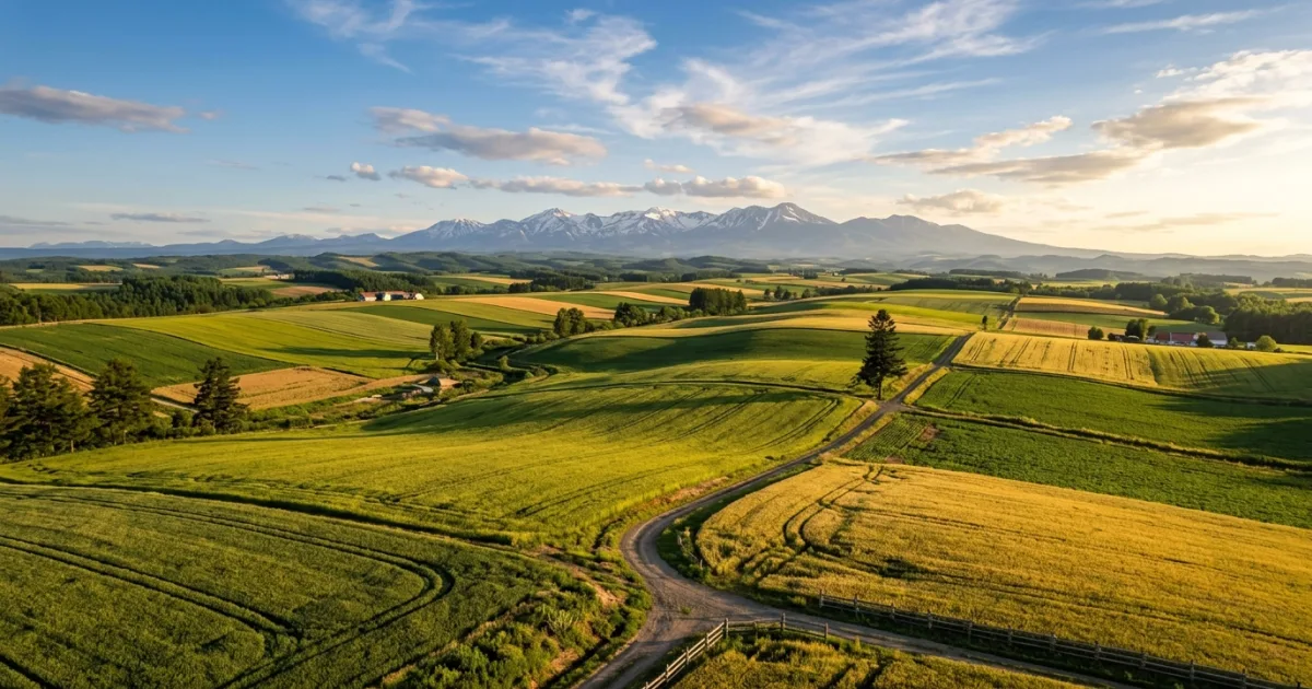 Panoramic view of the rolling patchwork hills and distant mountains in Biei Hokkaido