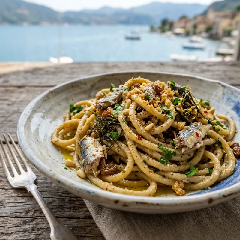 A traditional plate of Italian bigoli pasta with Lake Garda sardines and extra virgin olive oil