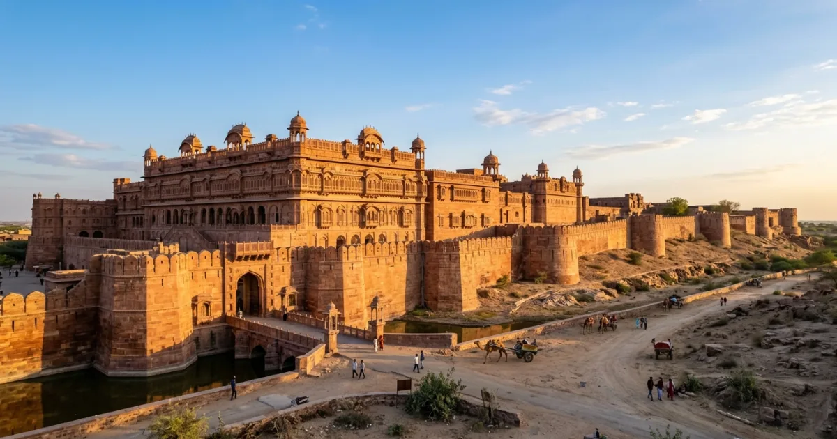 Junagarh Fort made of red sandstone in Bikaner under a clear desert sky