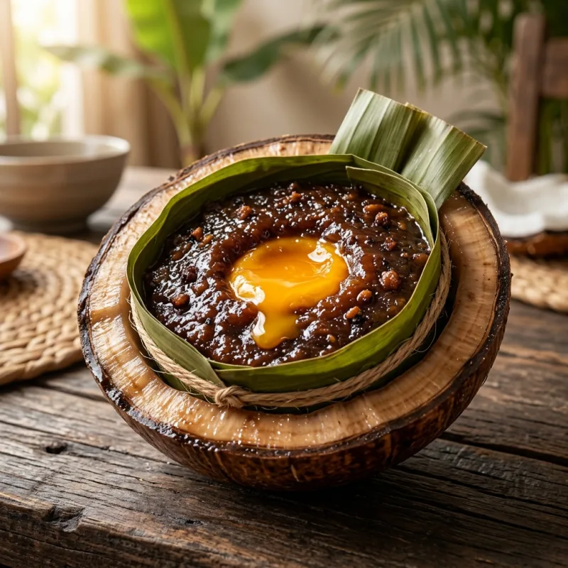 Authentic Leyte Binagol delicacy served inside a halved coconut shell on banana leaves