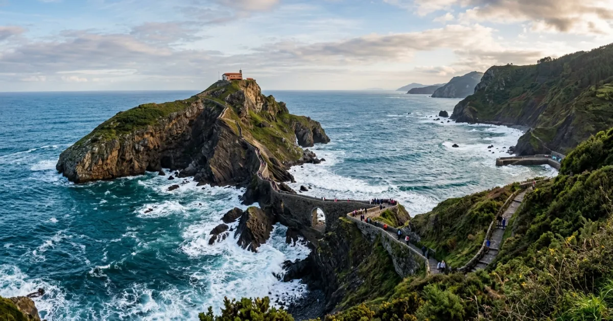 Panoramic view of San Juan de Gaztelugatxe footbridge along the rocky coastline of Bizkaia, Basque Country