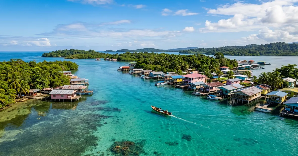Panama Bocas del Toro archipelago with turquoise water and overwater houses