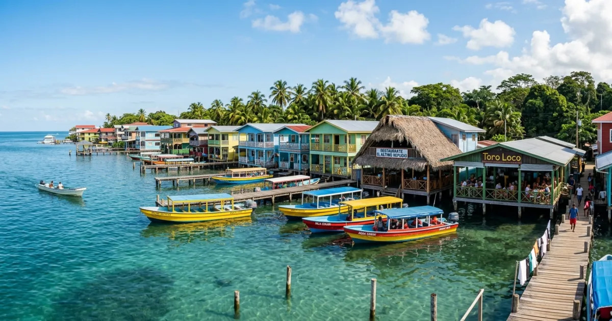 Panoramic view of Bocas Town waterfront featuring pastel stilted buildings and water taxis in Panama