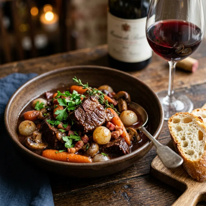 Authentic Boeuf Bourguignon stew served in a rustic ceramic bowl with red wine and fresh bread