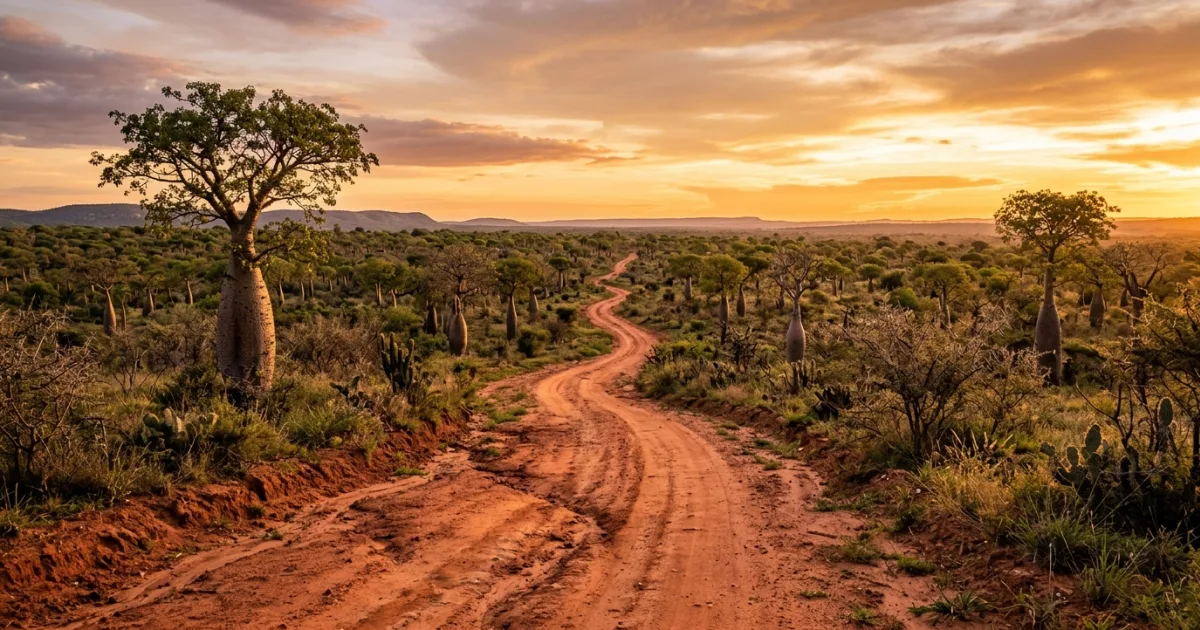 Panoramic view of the Gran Chaco wilderness with palo borracho bottle trees in Boqueron Department, Paraguay