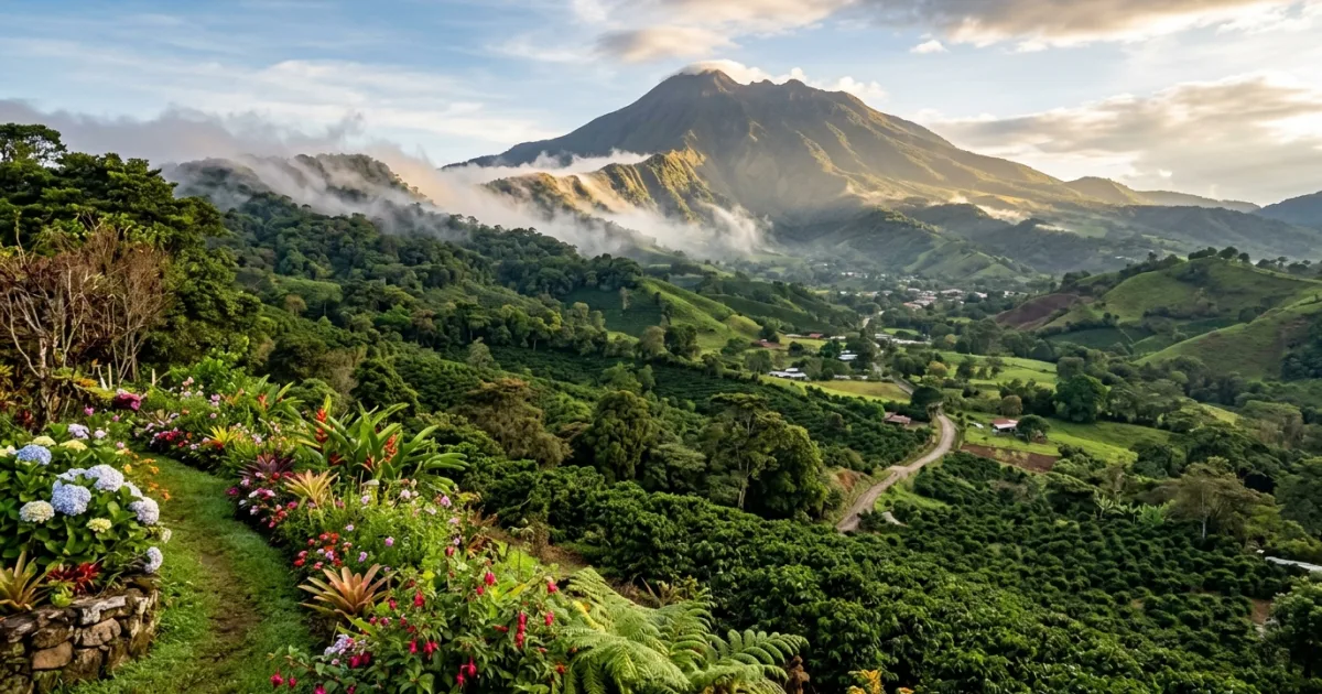 Panoramic view of Boquete valley in Panama with lush coffee plantations and the towering peak of Volcán Barú