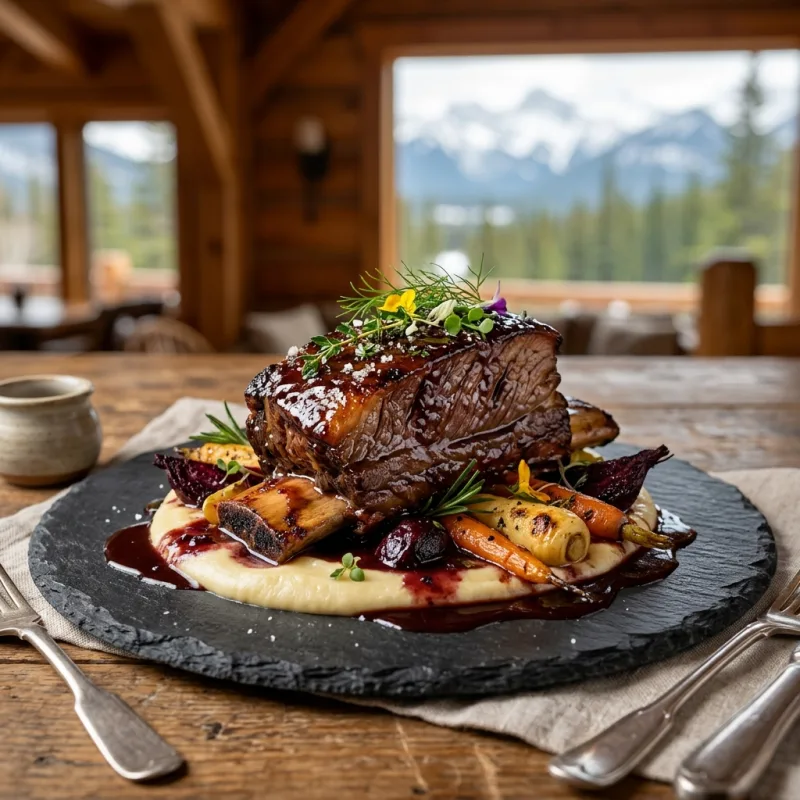 Braised Alberta bison short ribs with Saskatoon berry glaze and root vegetables