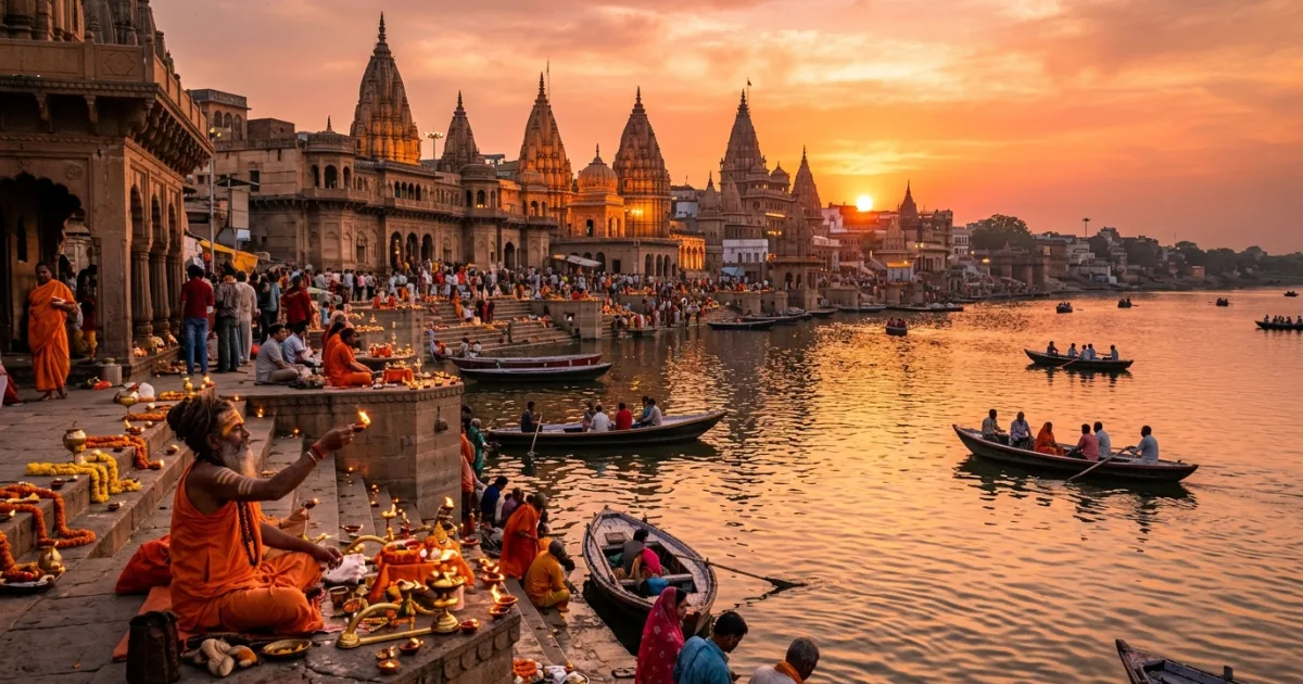 Panoramic sunset view of the sacred Yamuna River ghats and ancient temples in the Braj region