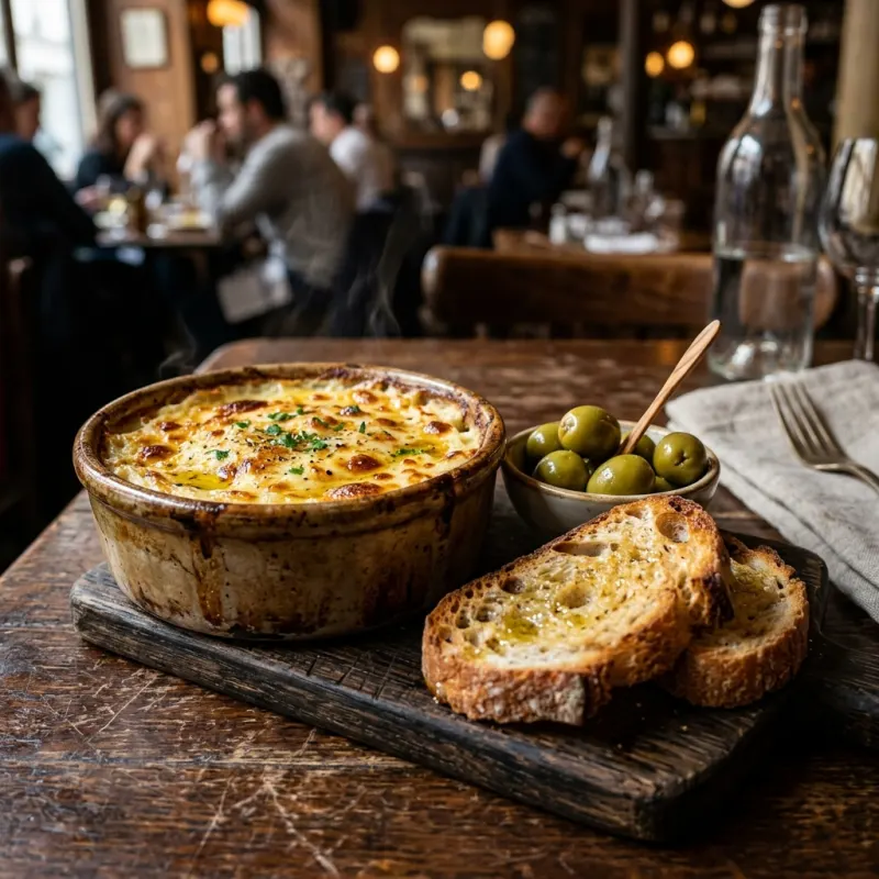 Warm Brandade de Nîmes served with toasted baguette slices and olives