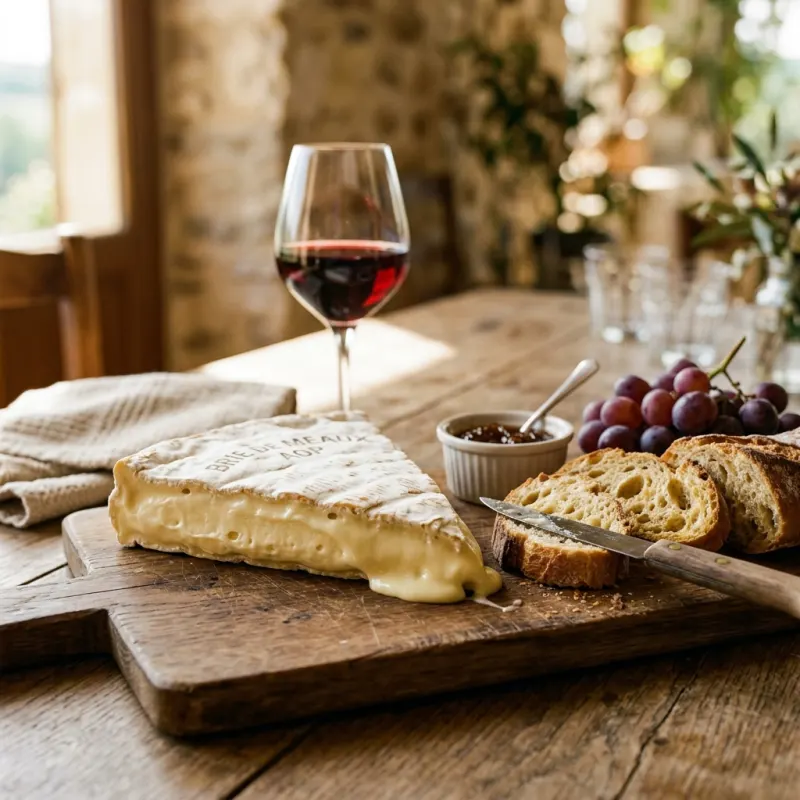 Artisanal Brie de Meaux cheese wedge served with crusty bread on a wooden board