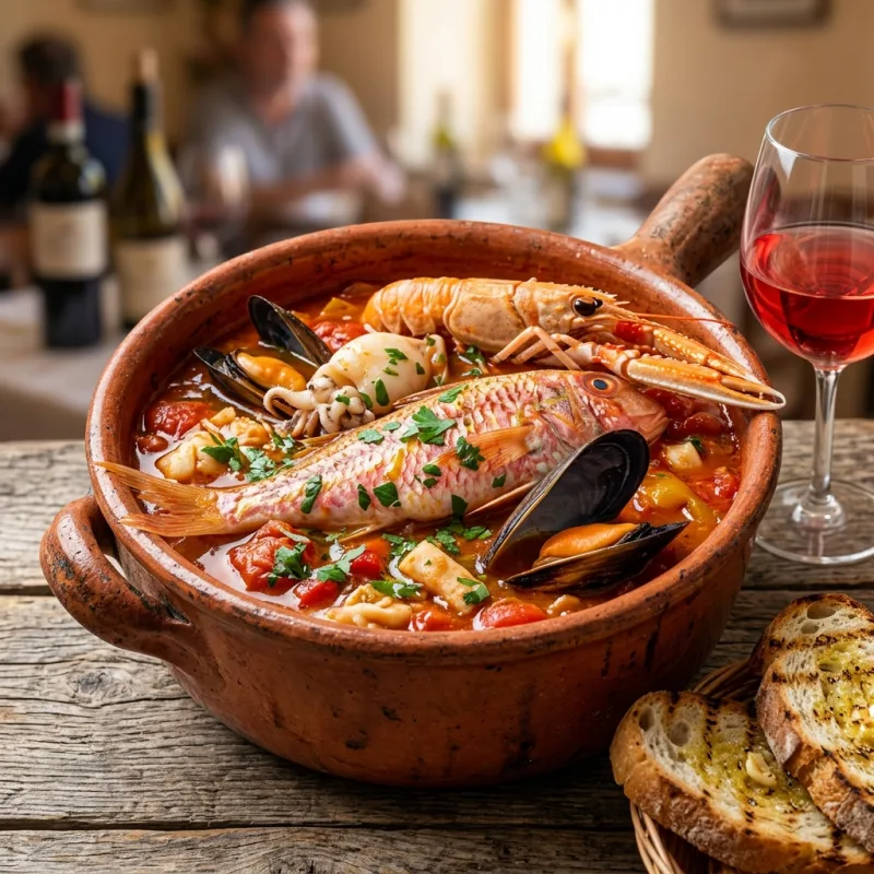 Authentic Brodetto alla Vastese seafood stew served in an earthenware pot
