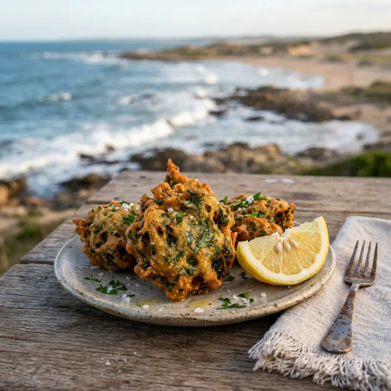 Golden-brown Uruguayan seaweed fritters served on a rustic outdoor table