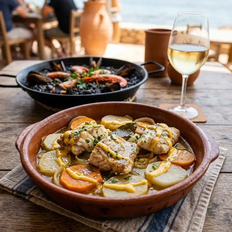 Authentic Balearic Bullit de Peix stew with rockfish, potatoes, and garlic alioli