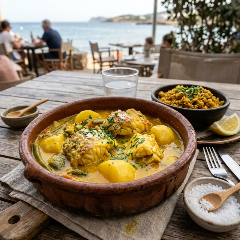 Authentic Bullit de Peix fish stew and arroz a banda served on a coastal table in Santa Eularia Ibiza