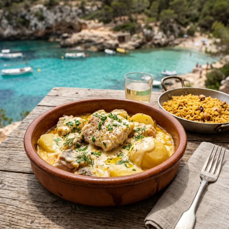 Authentic Ibicenco Bullit de Peix with fish and seafood rice in a clay pot
