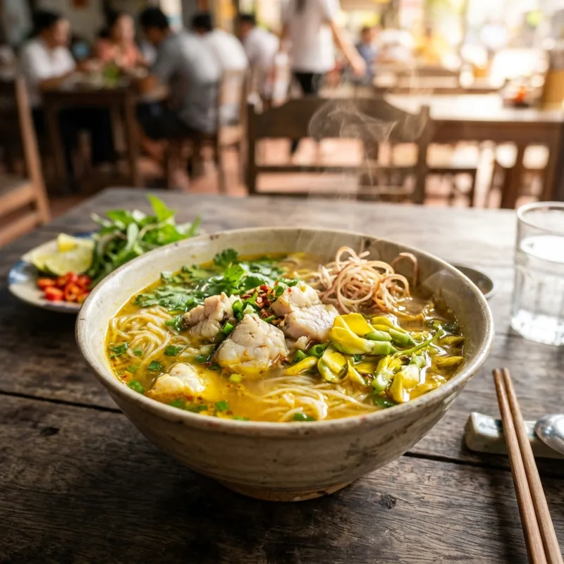 A steaming bowl of authentic Bun Ca Chau Doc noodle soup with turmeric broth and yellow flowers.