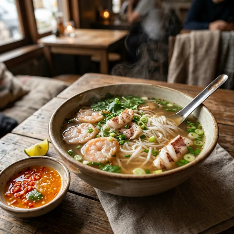 Authentic Vietnamese Bun Quay noodle soup with fresh shrimp and squid paste