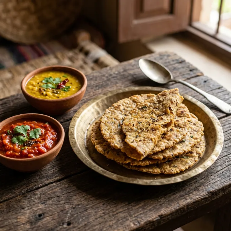 Golden-brown Bundeli Thokwa served with chutney and lentils