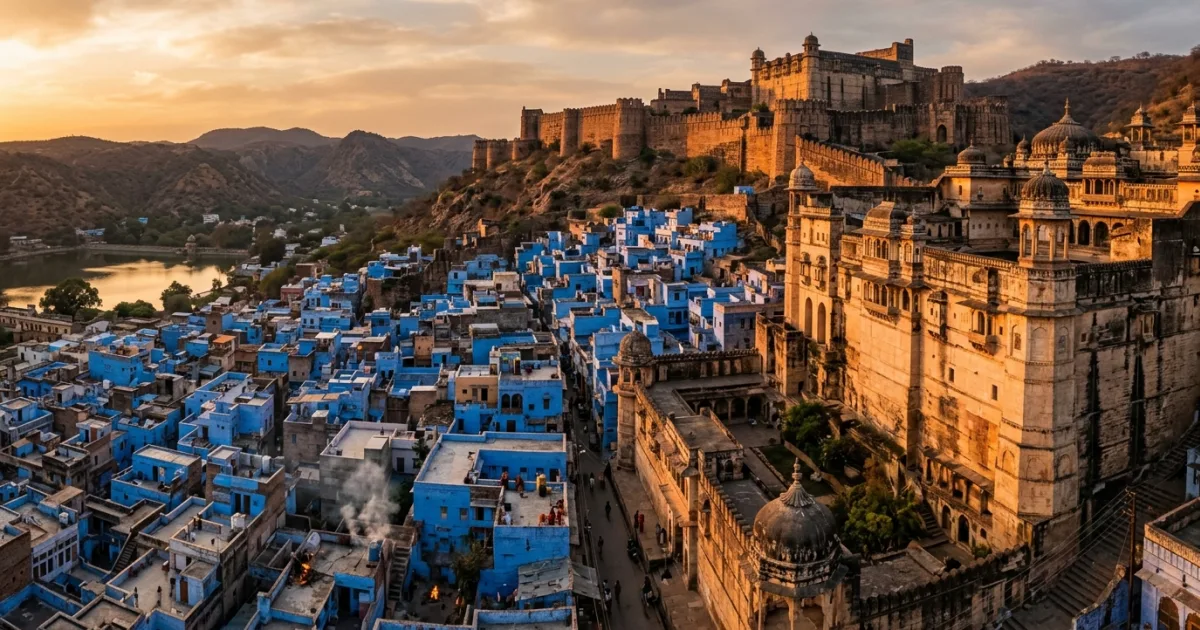 Panoramic view of blue houses and Garh Palace on the hillside in Bundi, Rajasthan