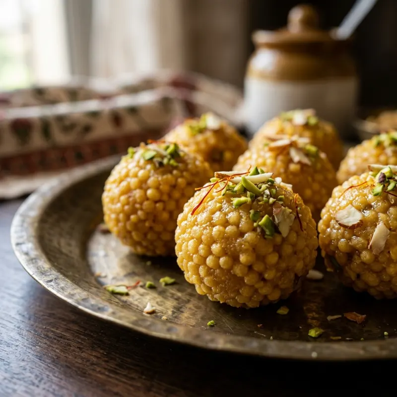 Freshly prepared Bundi Ladoo sweets served on a traditional brass platter