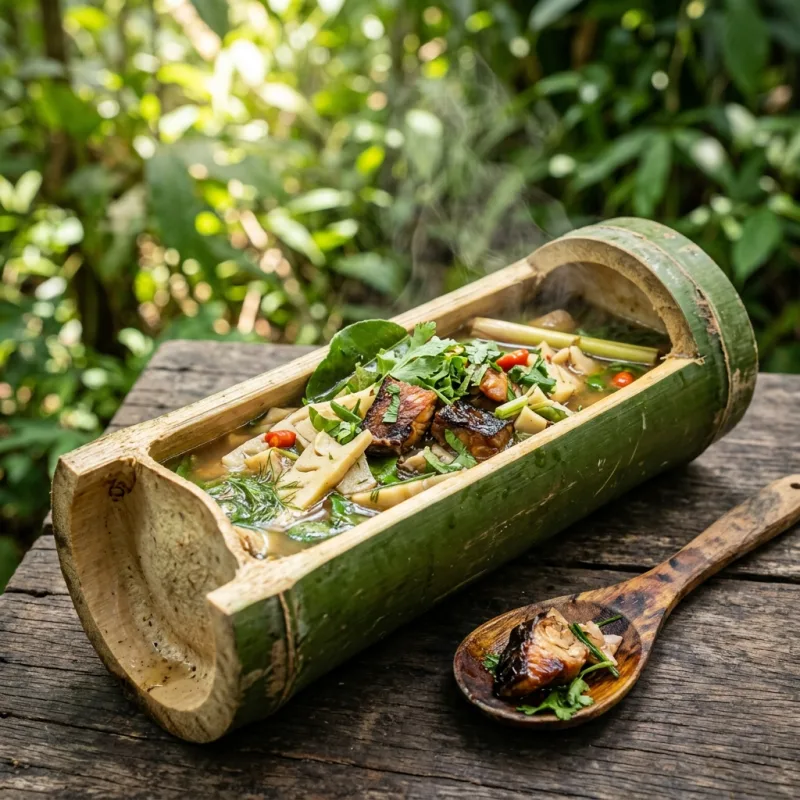 Bunong Bamboo Soup served inside a halved green bamboo stalk with herbs