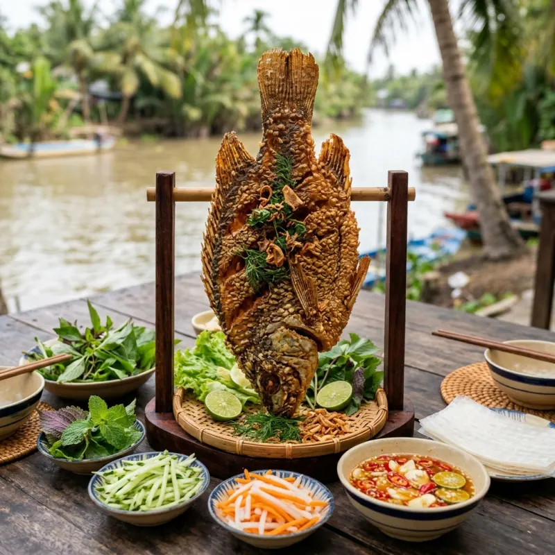 Crispy fried elephant ear fish served with herbs and rice paper in Mekong Delta