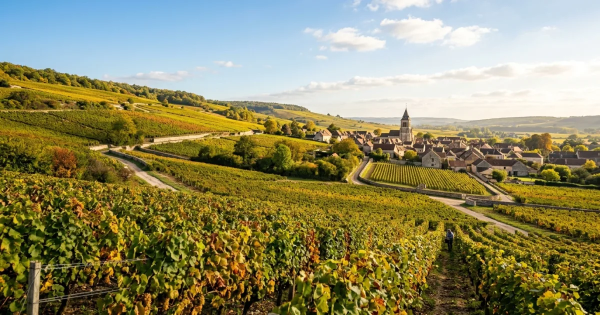 Panoramic view of golden autumn vineyards and a stone village in Côte-d'Or, France