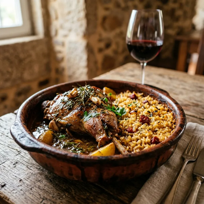 Cabrito Assado com Arroz de Forno roasted goat and baked rice in a rustic terracotta dish