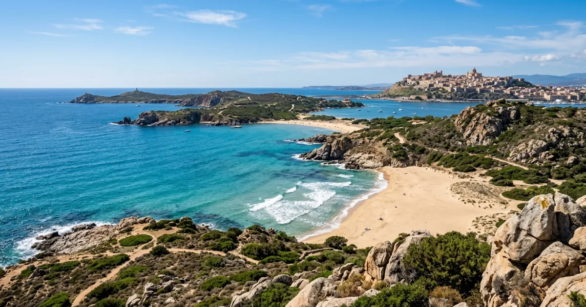 Panoramic view of South Sardinia turquoise sea, coastal headlands, and Cagliari hilltop quarter