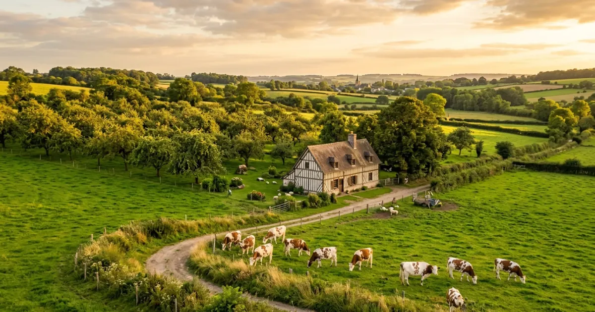 Timber-framed traditional house and apple orchards in Calvados Normandy