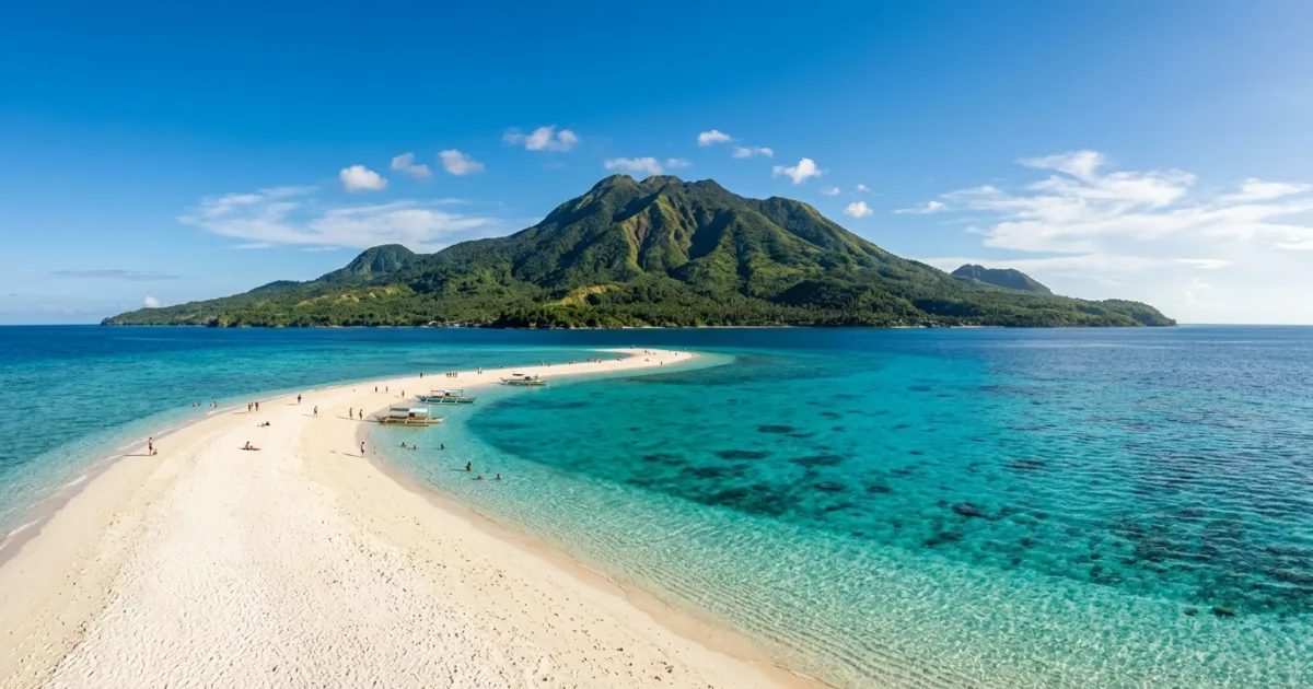 Panoramic view of White Island sandbar with Mount Hibok-Hibok volcano in Camiguin