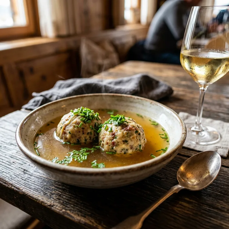 Authentic Trentino canederli dumplings served in hot broth