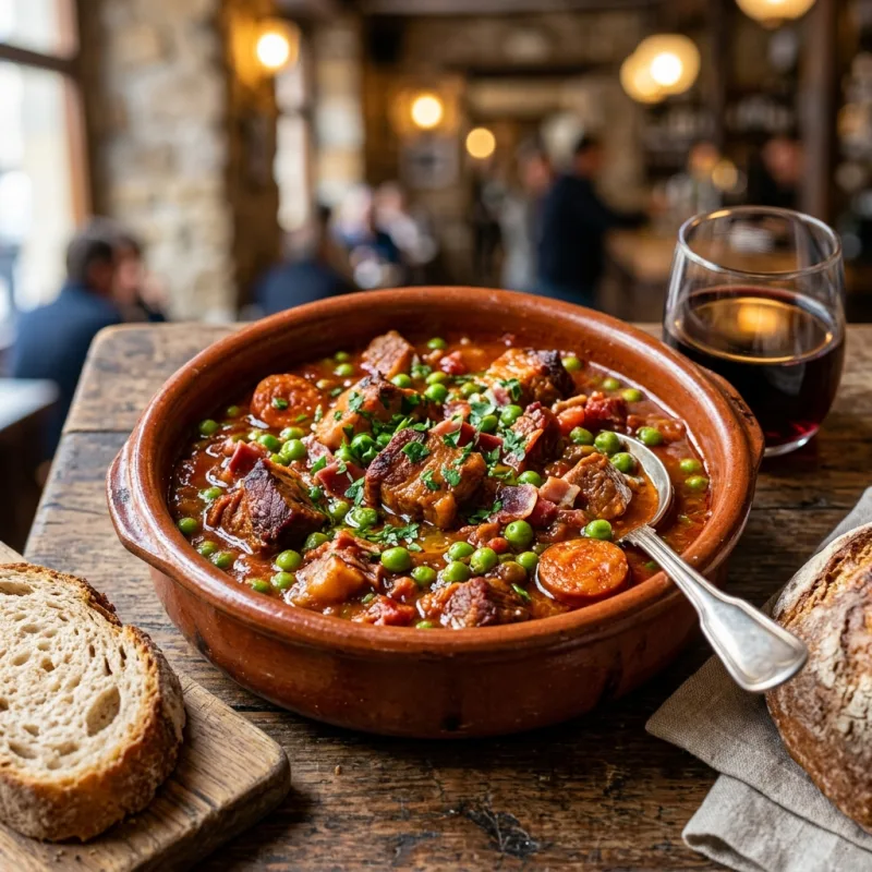 Authentic Spanish Carcamusas pork stew served in an earthenware bowl with rustic bread