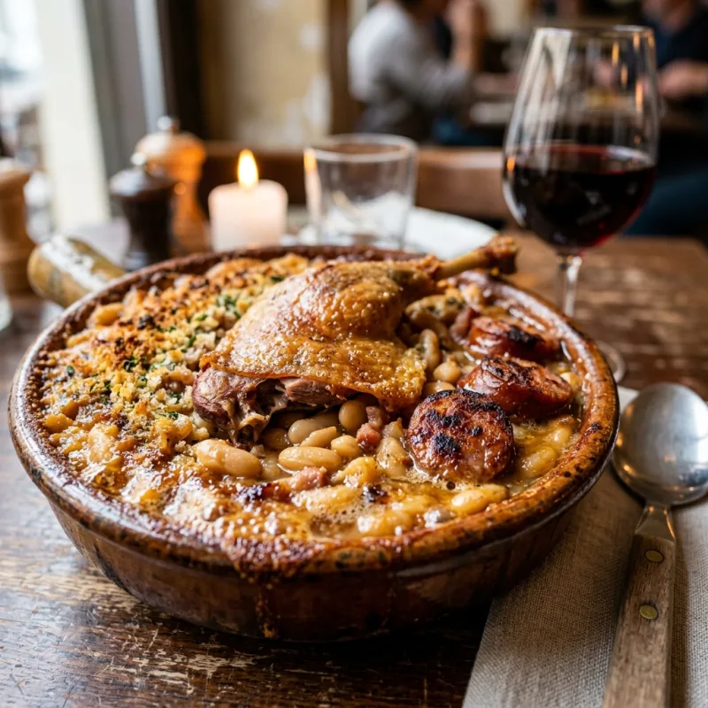Authentic Cassoulet Toulousain in an earthenware baking dish with duck confit and Toulouse sausage