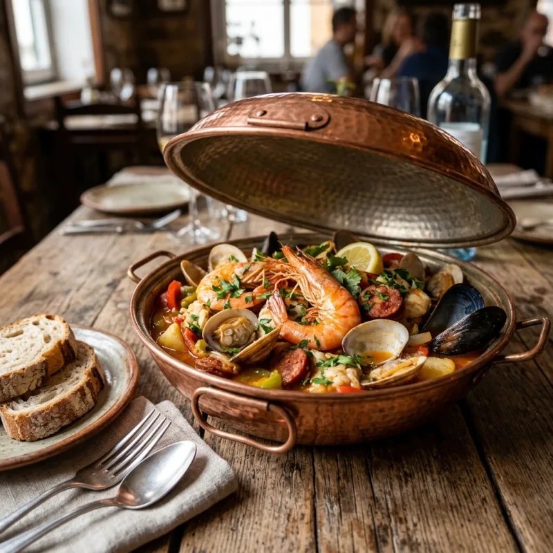 Authentic Portuguese Cataplana de Marisco seafood stew in a traditional copper pot