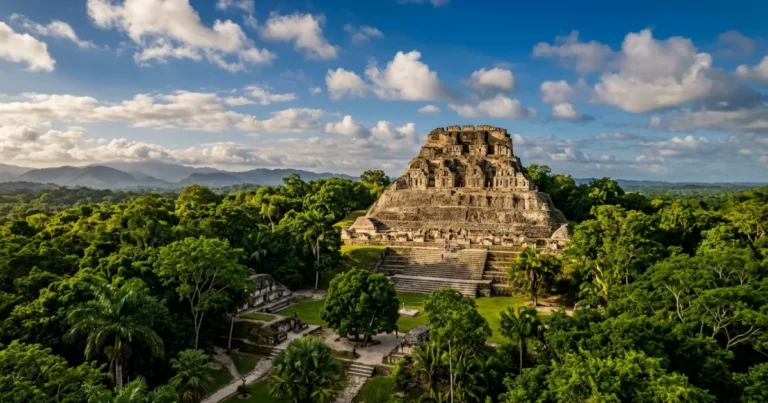 Cayo and Western Belize 8 Panoramic view of Xunantunich Maya pyramid surrounded by lush rainforest in Cayo District Western Belize