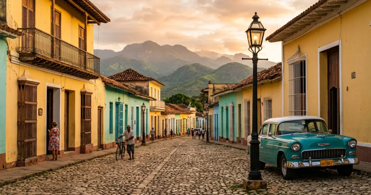 Colonial streetscape in Central Cuba featuring colorful historic buildings and a classic vintage car