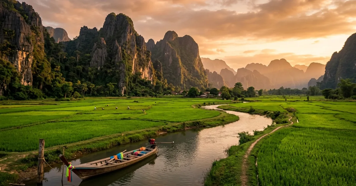 Dramatic limestone karst peaks and green river landscape in Central Laos at golden hour