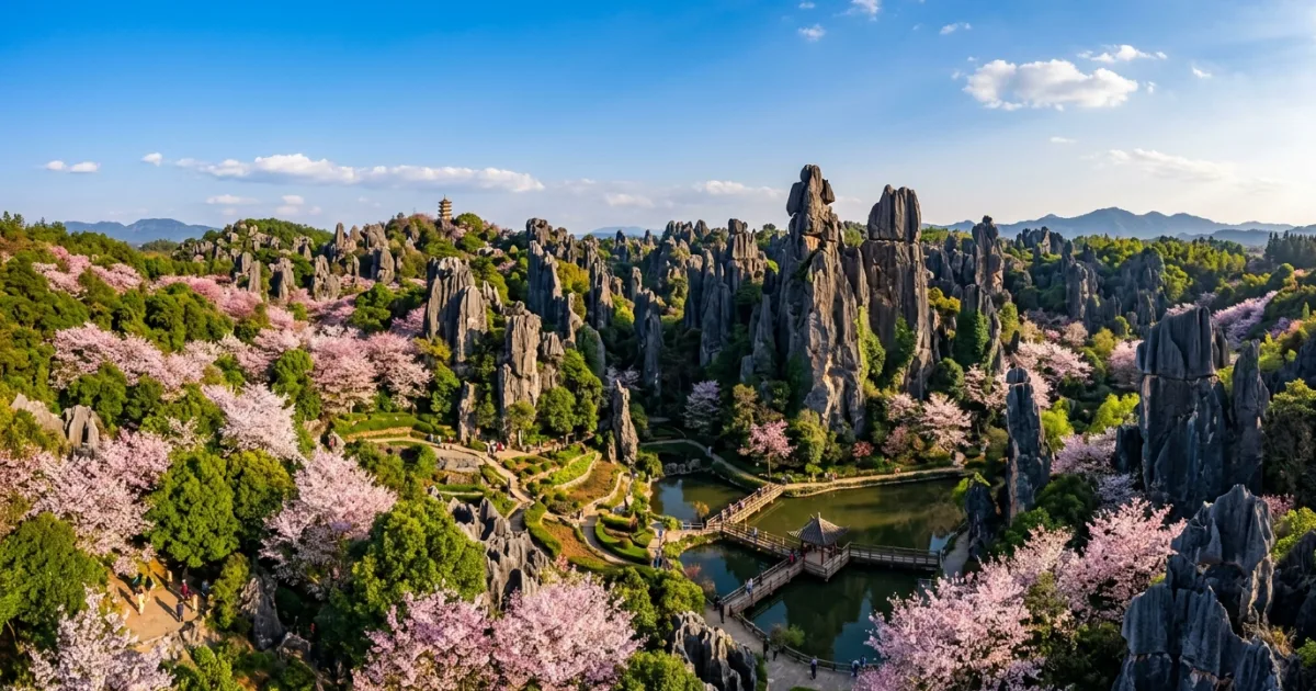 Panoramic landscape of the Stone Forest karst pinnacles in Central Yunnan China