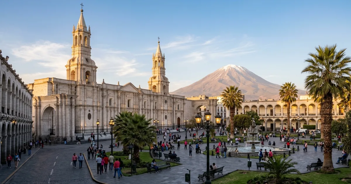 Plaza de Armas and the white sillar Cathedral with Misti volcano in Centro Historico Arequipa