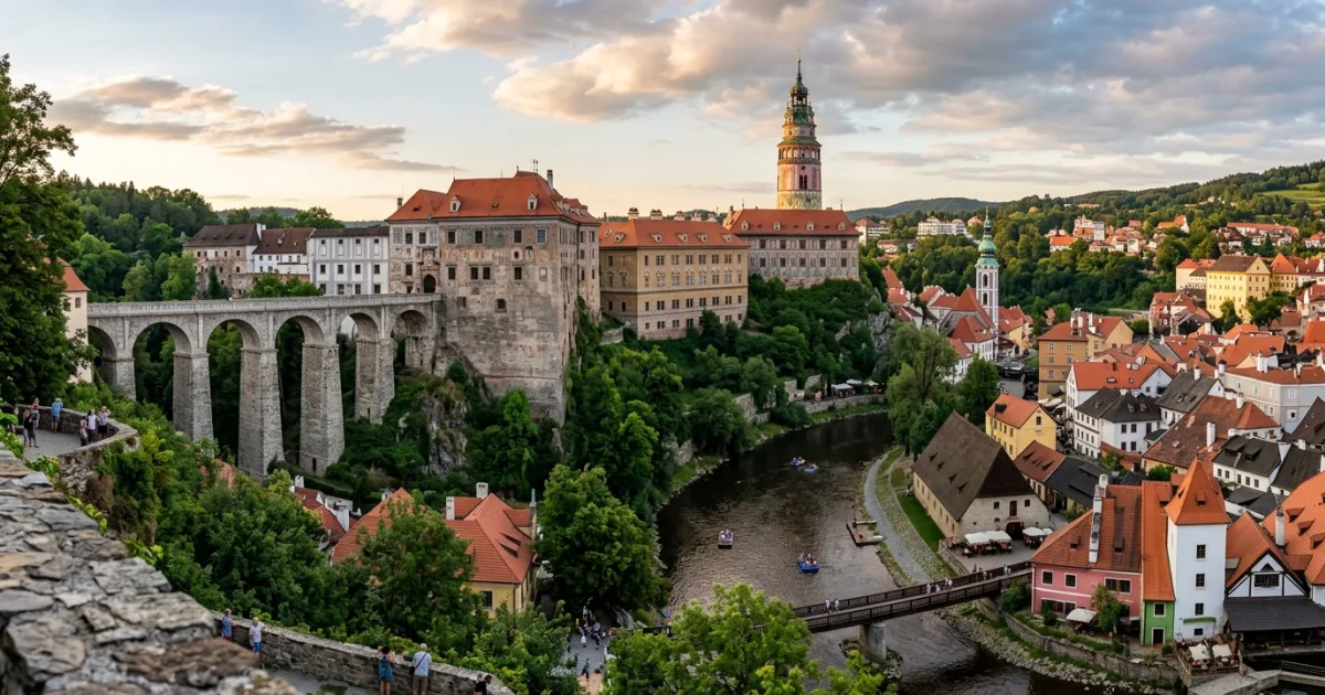 Panoramic view of Cesky Krumlov Castle and Cloak Bridge above the Vltava River in the Czech Republic