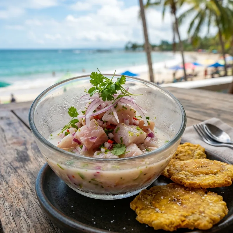 Fresh ceviche de corvina served with crispy plantain patacones on a beachside table